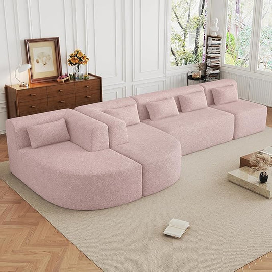 P PURLOVE Modular Sectional Sofa 4 Free Combined Sofa Couch Boucle Fabric Modern Upholstered with 2 Chaise Lounge and 5 Back Pillows for Living Room Office Apartment (Pink)