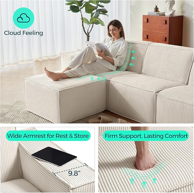 LINSY HOME Modular Sectional Sofa 134 Boneless Couch U Shaped 4-Seat Sofa with 2 Movable Ottomans Corduroy Sectional Cloud Couches for Living Room No Assembly Required Beige