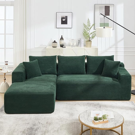 Sectional Sofa Couch Boneless Couches for Living Room Cloud Sofa with Oversized Chaise Corduroy Fabric L-Shaped Couch with Pillows No Assembly Required Left Facing Chaise Green