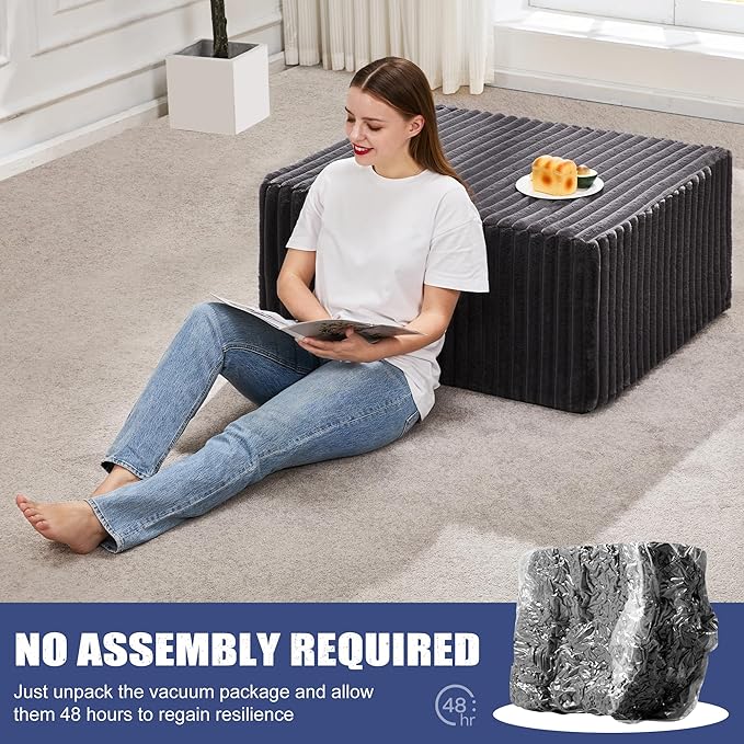 Hobestluk Rectangle Ottoman Memory Foam Footrest for Couch with Removable Cover Large Floor Seating for Adults Ottoman Coffee Table for Living Room Bedroom or Office (Strip Grey Footrest)