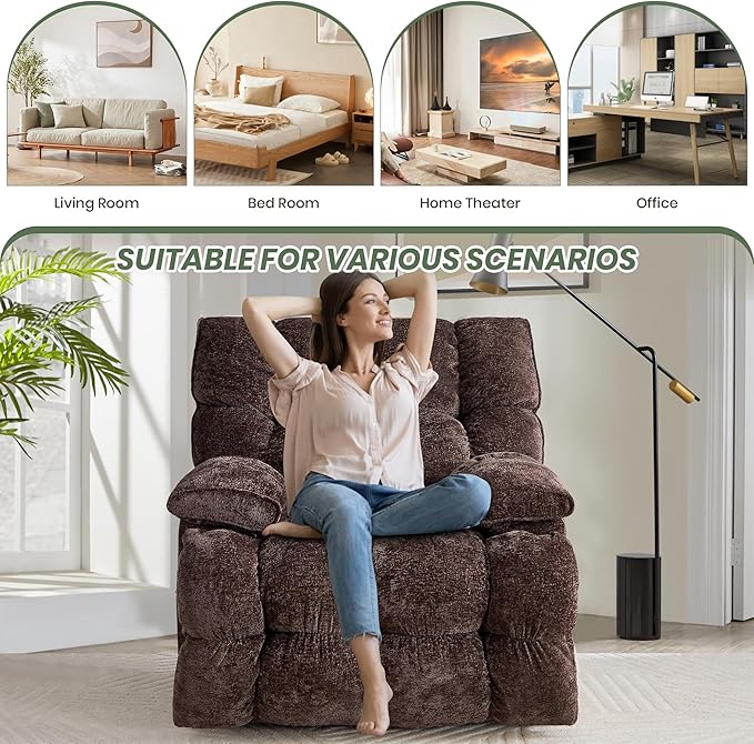 Oversized Rocker Recliner Chair 42” Power Swivel Recliner for Living Room Overstuffed Extra Wide Rocking Recliners with Breathable Soft Fabric Up to 400lbs(Manual Brown)