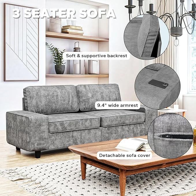 84 Chenille Loveseat Couch 3 Seater Retro Sofa with 4 Side Pockets Removable and Washable Cushions Mid Century Modern Living Room Bedroom Apartment (Light Grey)