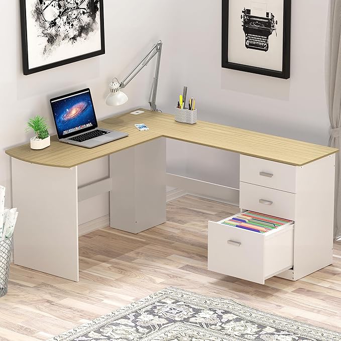 SHW 51 x 59 Inches L-Shaped Home Office Wood Corner Desk with Box Box File Drawers Oak