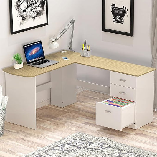 SHW 51 x 59 Inches L-Shaped Home Office Wood Corner Desk with Box Box File Drawers Oak