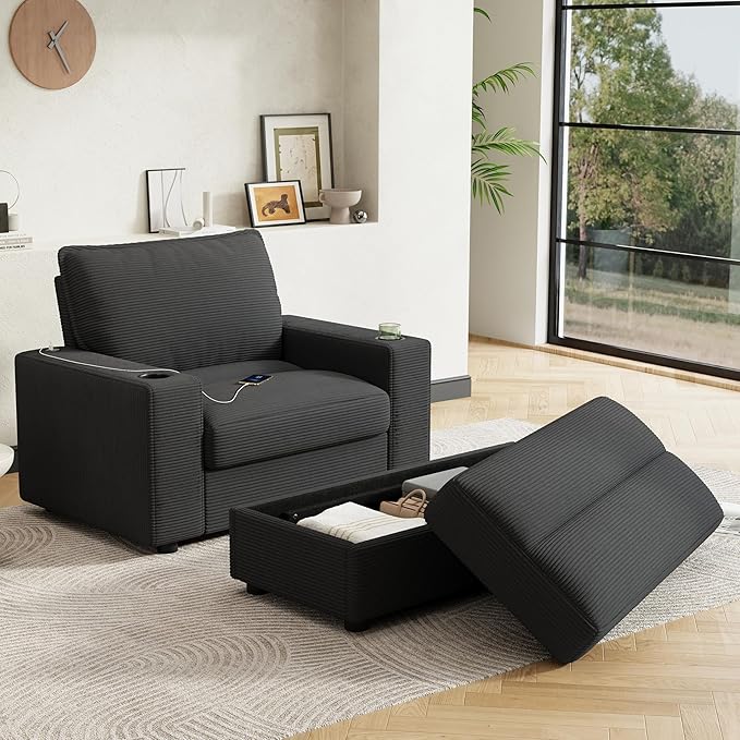 42.8 Oversized Chaise Lounge Chair with Storage Ottoman Corduroy Sofa Bed with Cup Holders &amp USB Charging Port Upholstered Sleeper Chair for Living Room BedroomGrey