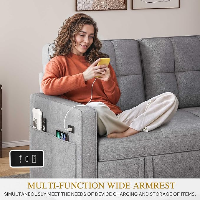 YITAHOME 55 Convertible Sofa Bed 3-in-1 Sleeper Sofa with Pull-Out Bed Cat-Scratch-Proof Futon Couch with 5-Levels Reclining Backrest USB and Side Pocket Modern Loveseat for Living Room Grey