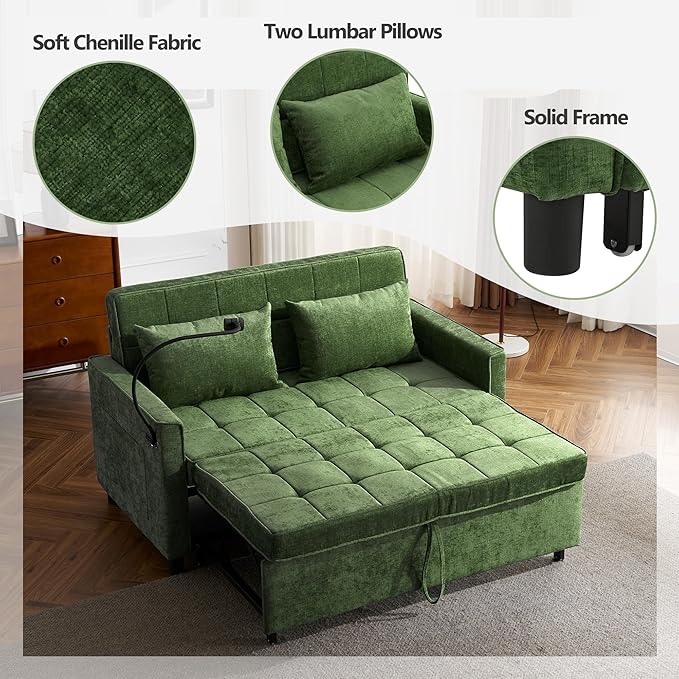 3 in 1 Convertible Sleeper Sofa Bed with Pull-out Bed 61 Chenille Chaise Lounge with 3-level Adjustable Backrest Tufted Loveseat with Phone Holder &amp 2 Soft Pillows for Living Room Apartment Gr