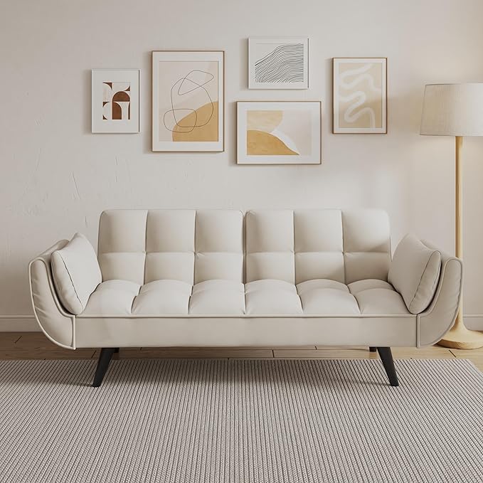 Olela Futon Sofa Bed Convertible Sleeper Couch 74 W Modern Velvet Loveseat with Adjustable Backrests and Solid Wood Legs for Living Room Bedroom Small Space (Beige)