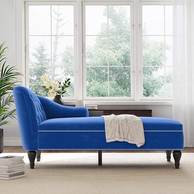 Velvet Upholstered Sofa Chaise Loungers 58 Chaise Lounge with Nailhead Trim and Solid Wood Legs Button Tufted Right Arm Facing Lounge Chair for Living Room Sleeper Lounge Sofa