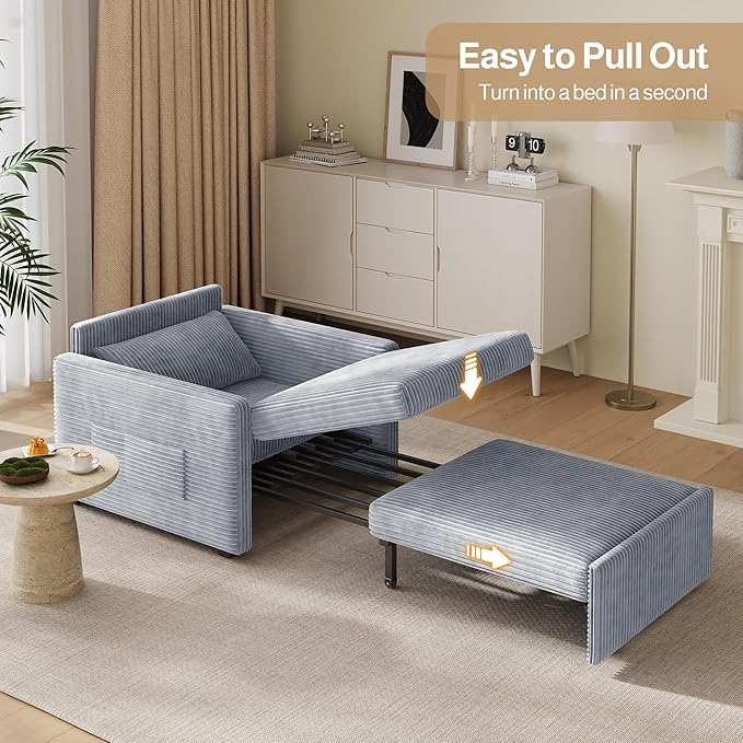 Ahomly 3 in 1 Convertible Sleeper Chair Corduroy Single Sleeper Sofa Bed for Adults 75.2 Long Pull Out Chair Bed with Side Pockets for Living Room Small Place Gray