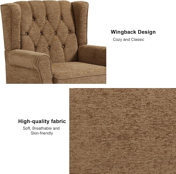 Accent Chair Upholstered Armchair with Button Tufted High Back &amp Solid Wood Legs Comfy Wingback Reading Single Sofa Chair for Small Spaces Living Room Bedroom (Brown Set of 2)