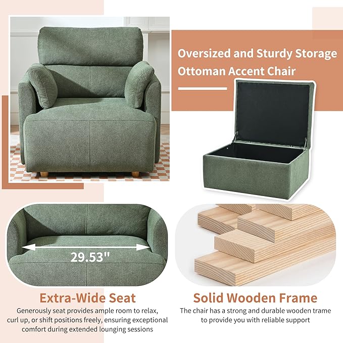Snowflake Fleece Oversized Accent Chair with Storage Ottoman - 26.57 Wide Deep Seat Reading Chair Convertible Daybed 400lbs Capacity for Living Room &amp Apartment (Green)