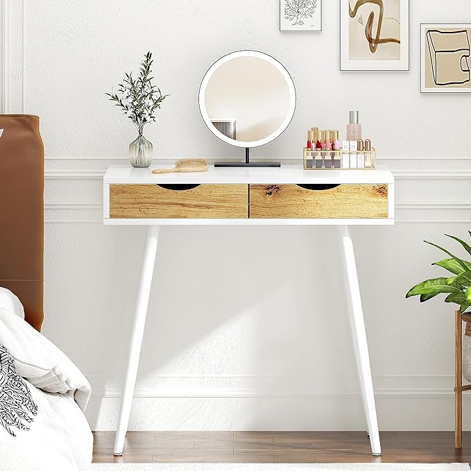 soges Mid Century Computer Desk with Drawers 31.5 Inches Home Office Computer Desk for Small Space 2-Drawer Multifunctional Study Writing Desk White