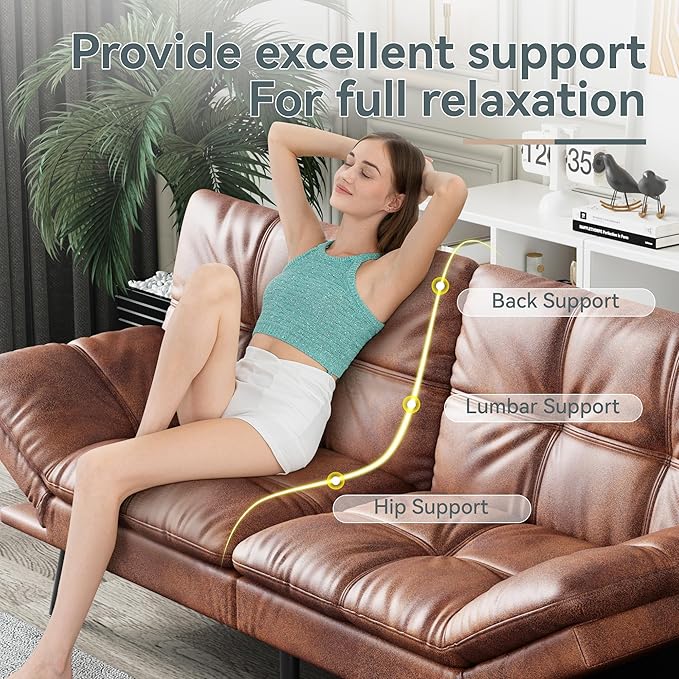 Futon Sofa Bed Convertible Couch Brown Faux Leather Sofa Bed with Memory Foam Adjustable Backrest &amp Armrests Multifunctional Small Loveseat Sleeper Sofa for Living Room Apartment Office