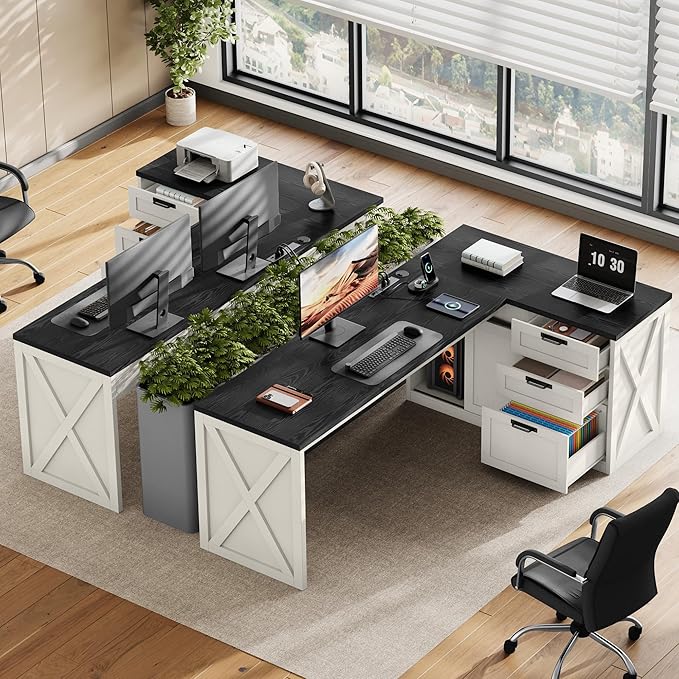 Farmhouse L Shaped Office Desk with Drawers 78 Inch L Shape Desk Executive Office Desk with File Cabinet Storage Shelves and Power Outlets for Home Office White and Black