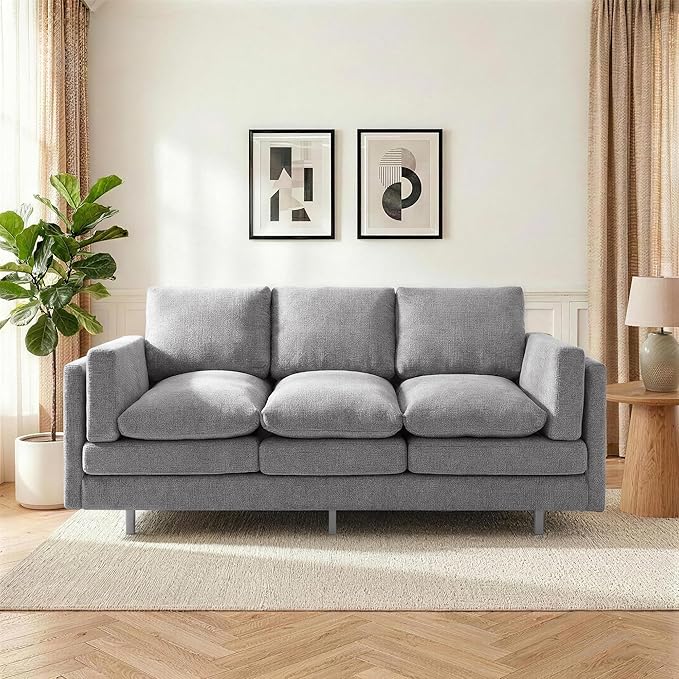 Christopher Knight Home Vincenzo 3 Seater Couch Chenille Upholstered Sofa Chair Metal Legs Couch Dual-Layer Cushions Armchair 79.5 Sectional Sofa Comfort Seating for Living Room Light Gray