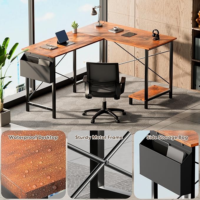YSSOA 50 L Shaped Gaming Desk with Reversible Corner - Home Office Computer Desk with Wood Top Metal Frame CPU Stand &amp Storage Bag for Small Space Gaming Room Rust