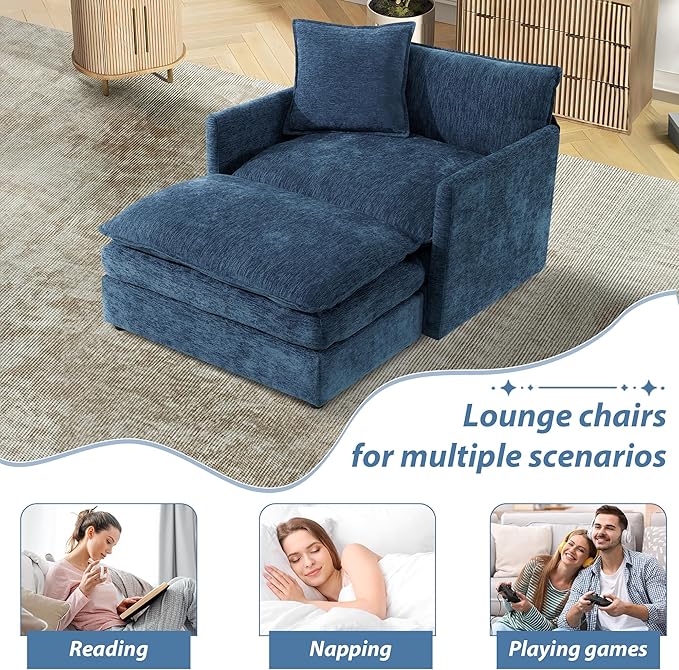 TTK Oversized Chaise Lounge Chair with Ottoman - 39.17 Wide Modern Sleeper Sofa for Living Room Bedroom &amp Office - Deep Seat Sectional Couch with Pillow Comfortable Reading Chair (Blue 39.17)