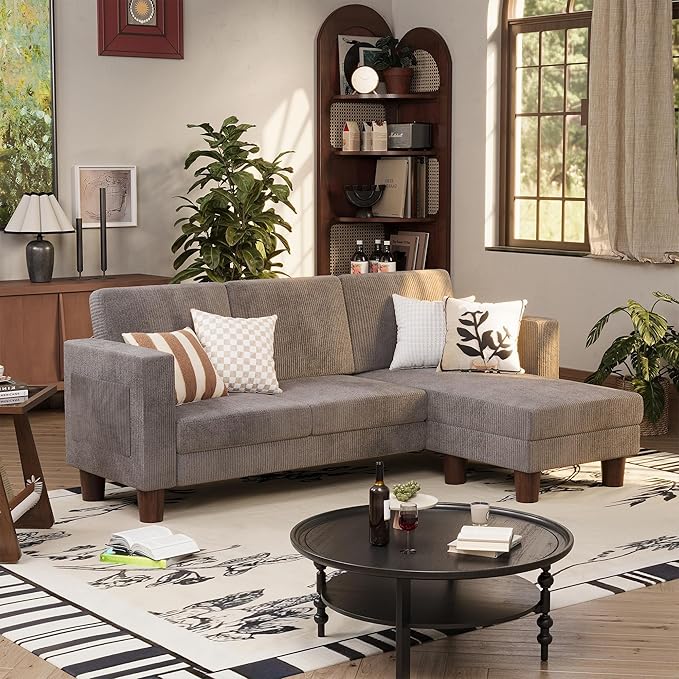 VICTONE Convertible Sectional Sofa Couch 3 Seat L-Shaped Sofa with Linen Fabric Ottoman Small Couch for Small Apartments Living Room and Office (Corduroy Gray)