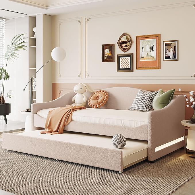 MERITLINE Twin Size Upholstered Daybed with Trundle and LED Light Teddy Fleece Sofa Bed Frame Wood Twin Trundle Bed for Bedroom Living Room Beige
