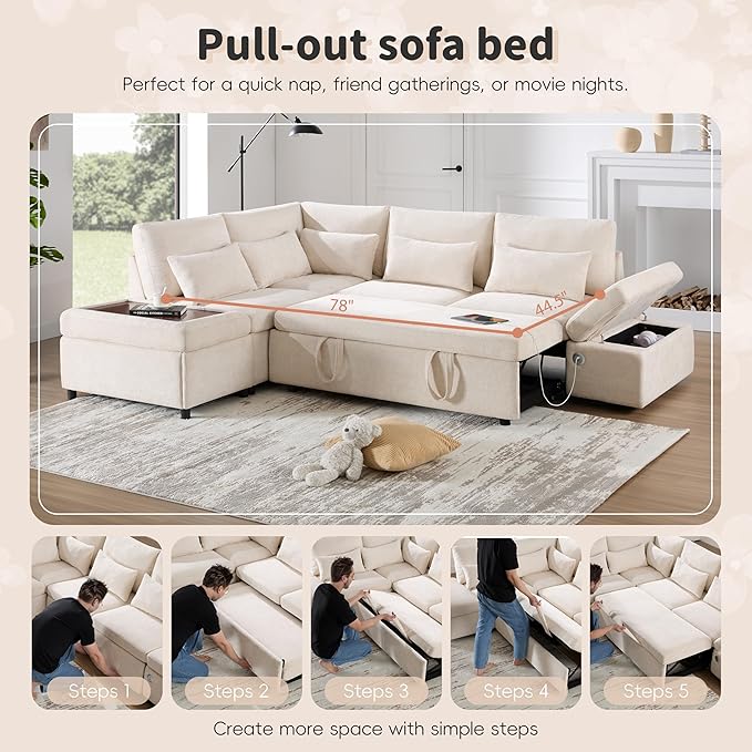 Modular Sectional Sleeper Sofa Bed 107'' Pull Out Bed Sectional Sofa with Free Movement Storage Ottoman L-Shape with Wide Seats Oversized Chenille Sofa for Living Room (Light Khaki+Beige/512)