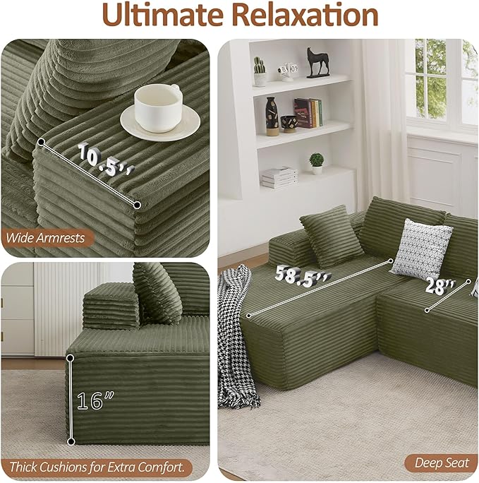 110 Boneless Sectional Couch with Chaise Lounge Cloud Couch Compressed Sofa L Shape No Assembly Memory Foam Sofa for Living Room Green Corduroy