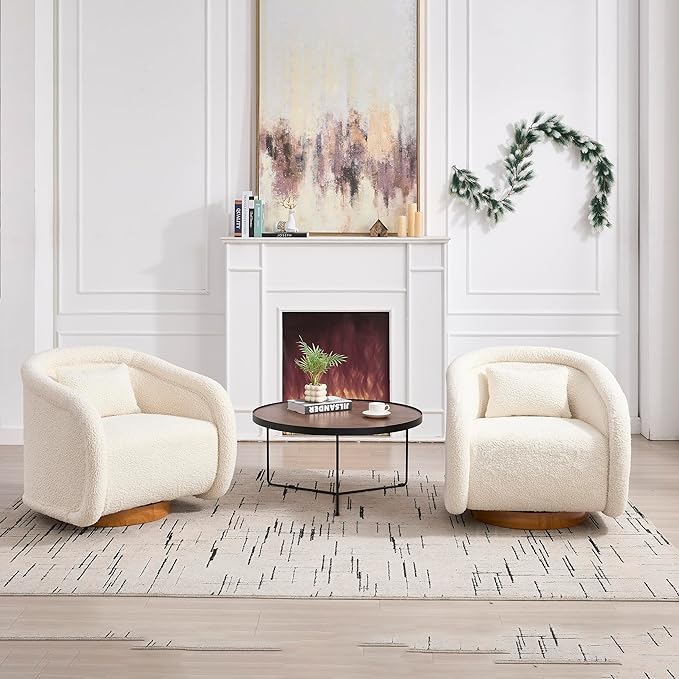 Set of 2 Swivel Accent Chairs 360° Barrel Lounge Chairs Soft Teddy Upholstered Armchairs with Ergonomic Curved Back and Thick Foam Cushion for Living Room Bedroom Apartment Office – Off White