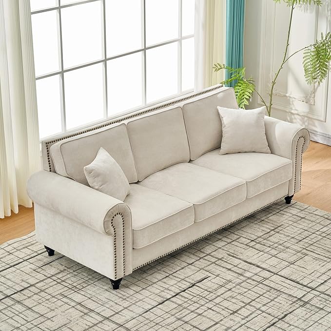 KEIKI 87 Oversized Chenille Sofa with Rolled Arms and Nailhead Trim Upholstered Modern Style 3-Seater Couch with High-Density Foam Cushions Easy Assembly for Apartment Living Room Beige