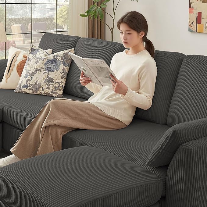 4-Seater U Shaped Sofa with 2 Storage Ottomans Comfortable Corduroy Fabric Convertible Sectional Couch with 2 Pillows Modern Couches for Living Room (Dark Grey)