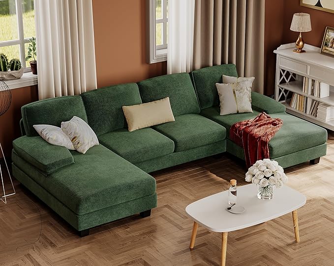 Furmax Sectional Couches for Living Room U-Shaped Sofa Couch with Linen Fabric 4 Seat Sofa Set with Double Chaise for Apartment (Fabric Green)