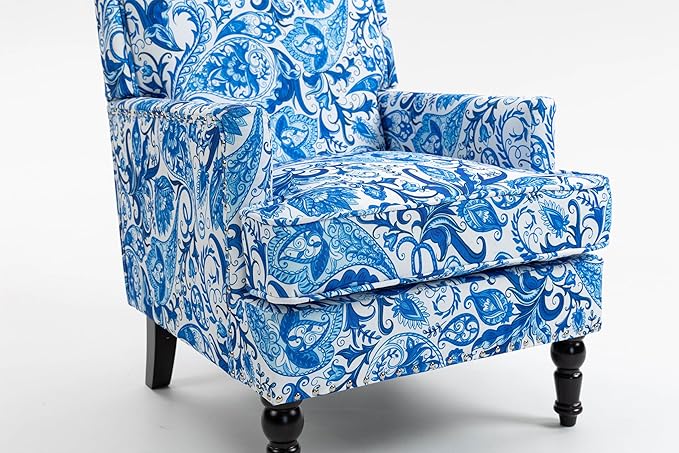 Upholstered Accent Chair Vintage Armchair with Blue and White Striped Linen Fabric Nailhead Trim and Solid Wood Legs 27”x27”x35”Comfortable Reading Chair for Living Room (Blue and White)