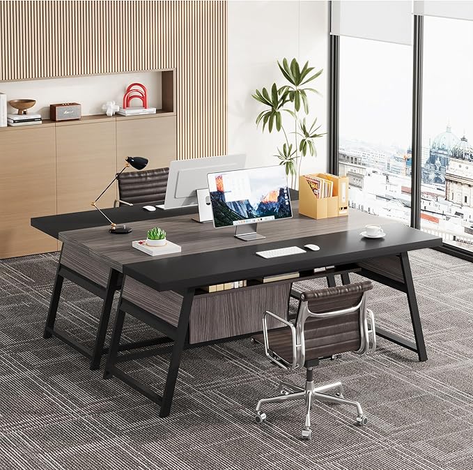 63-inch Executive Desk with Storage Shelf Large Home Office Desk with Metal Frame &amp LED Light Long Computer Desks for Home Office Gray and Black