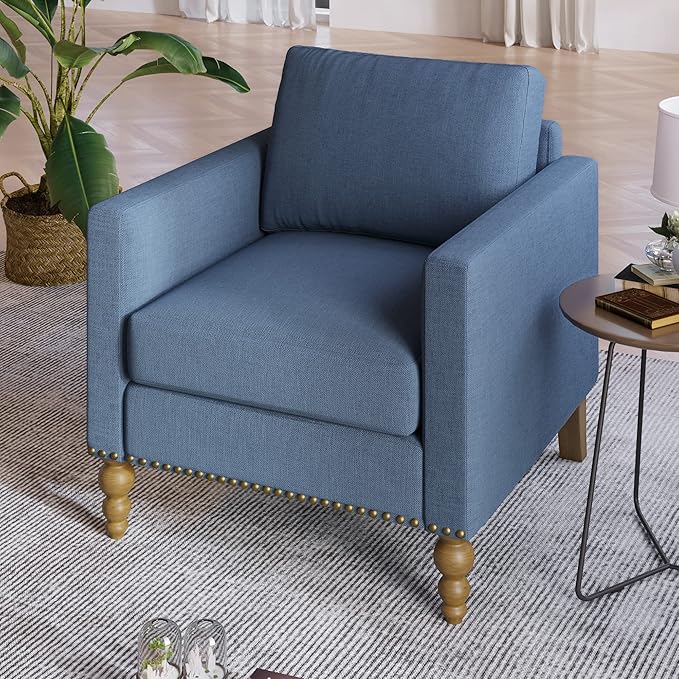 Generic Classic Linen Armchair Accent Chair with Bronze Nailhead Trim Wooden Legs Single Sofa Couch for Living Room Bedroom Balcony Navy Blue