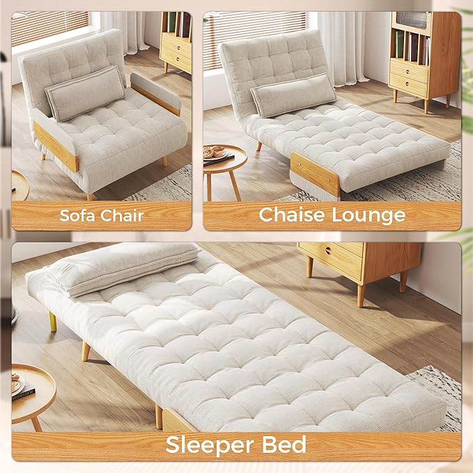 JASIWAY Convertible Sleeper Chair Bed for Adults 3 in 1 Linen Convertable Futon Chair with Pillow Fold Out Single Sleeper Couch Guest Bed for Small Spaces Bedroom Office Mid-Century 36.6 | 5 Ad