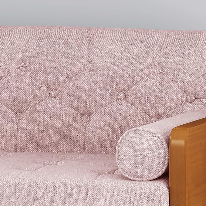 GDFStudio Aidan Mid-Century Modern Tufted Fabric Sofa Light Blush and Dark Walnut