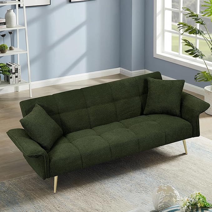 Convertible Sofa Bed Futon Couch Bed with Adjustable Arms and Backrest Modern Love Sofa with Gold Metal Legs for Living Room Bedroom (Teddy Fabric in Green 70.1 Wx31.1 Dx31.5 H)