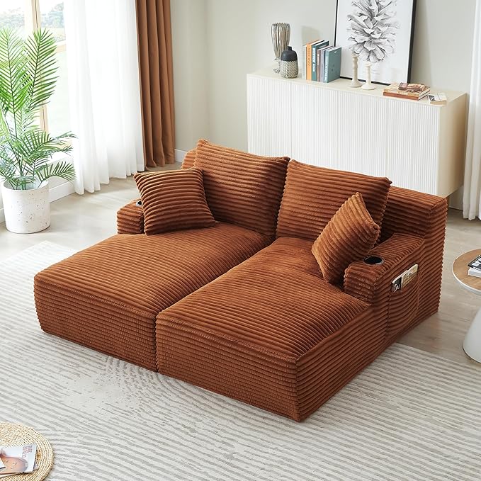 KEIKI Compressible Double Chaise Lounge with Cupholders Comfortable Corduroy Sleeper Loveseat for Home Office or Studio Boneless Chaise Lounge Indoor with Spring Support No Assembly Required