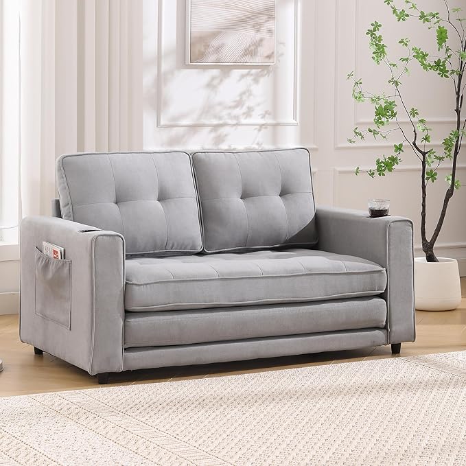 ERYE Foldable Loveseat Sofa Convertible Pull Out Sleeper Sofabed2 Seat Tufted Upholstered Sofa Modern Convertible Sleeper Couch Bed with Cupholders and Side Pockets