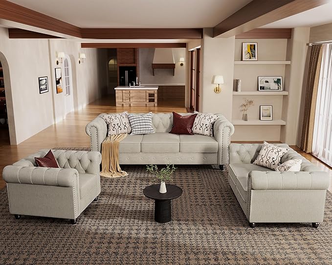Morden Fort Sofa Set Chenille Beige 82''W x 34.5''D x 30''H Chesterfield Style Tool-Free Assemble Pet-Friendly 1430LBS Weight Capacity