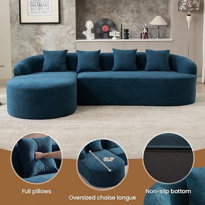 Boneless L Shaped Sofa Couch Oversized Sectional Curved Cloud Sofa with Chaise Lounge Chenille 4 Seats Deep Seat Couches for Living Room No Assembly Blue