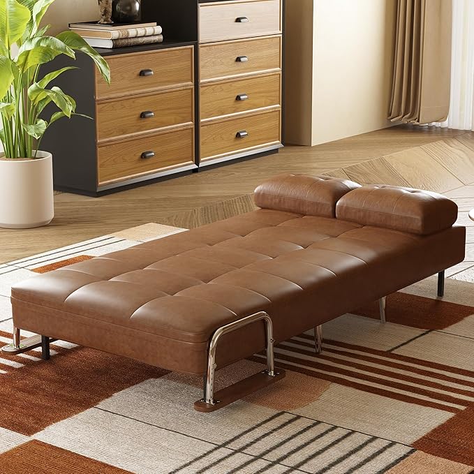 43.3 3-in-1 Modern Faux Leather Convertible Sofa Bed Brown Upholstered Sleeper Sofa with Sturdy Metal Frame &amp High-Density Foam Filling Ideal for Living Rooms Offices &amp Studies