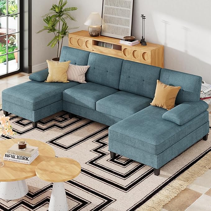 JAMFLY 107 U-Shaped Modern Sofa Modular Sectional Cloud Couch with Chaise 4-Seat Deep Seat Sofa for Living Room Bedroom and Apartment Blue