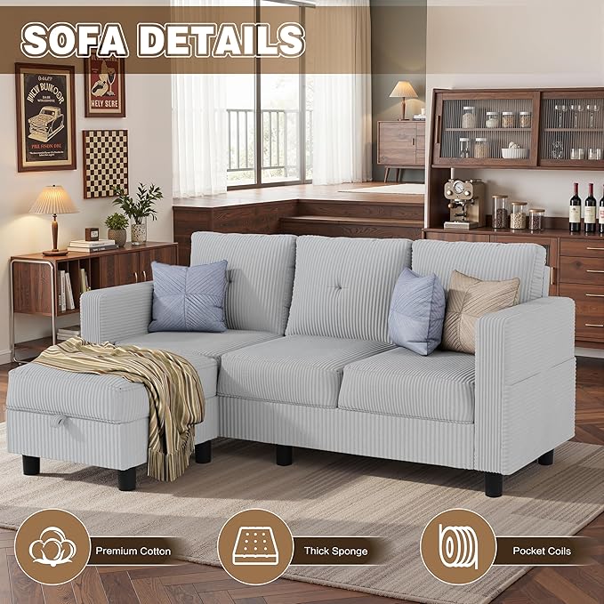 JAMFLY Convertible L-Shaped Sectional Sofa with Reversible Storage Ottoman 3-Seat Couch with Side Pockets Modern Compact Furniture for Small Apartments Studios &amp Lofts Light Grey