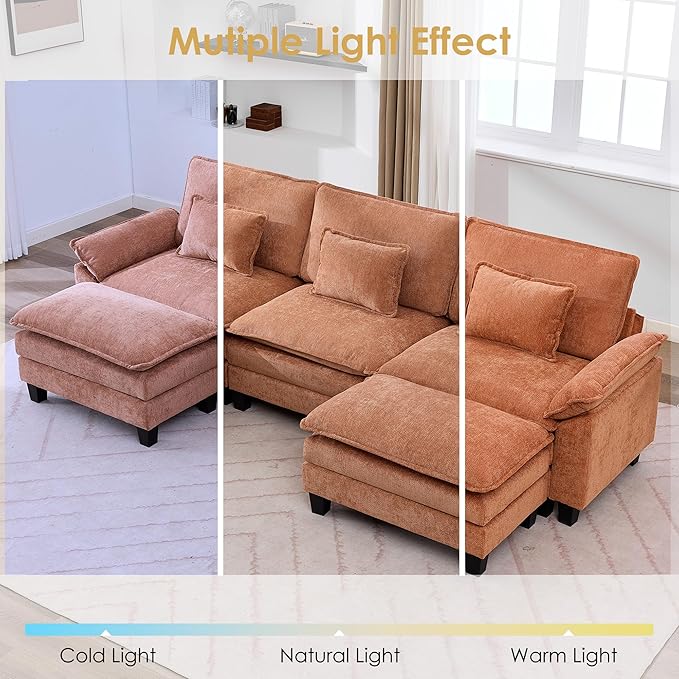 URRED Cloud Couch Modular Sectional Sofa 122 Modern U Shaped Deep Seat Sofa with 2 Ottomans &amp Pillows Ultra Comfy Chenille Couches for Living Room Bedroom or Apartment Orange