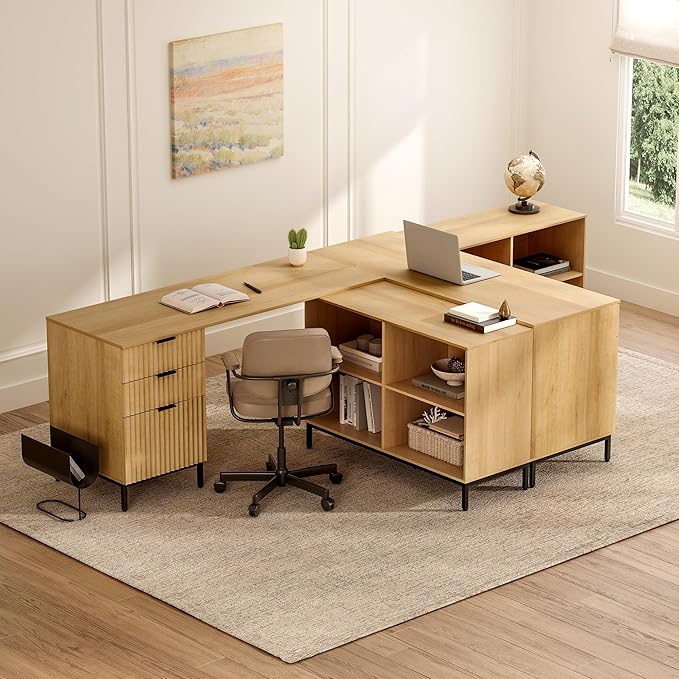 60 L Shaped Fluted Desk Computer Desk with Movable Storage Cabinet Home Office Desk with 3 Drawers Metal Legs Corner Desk for Gaming Study Natural Oak