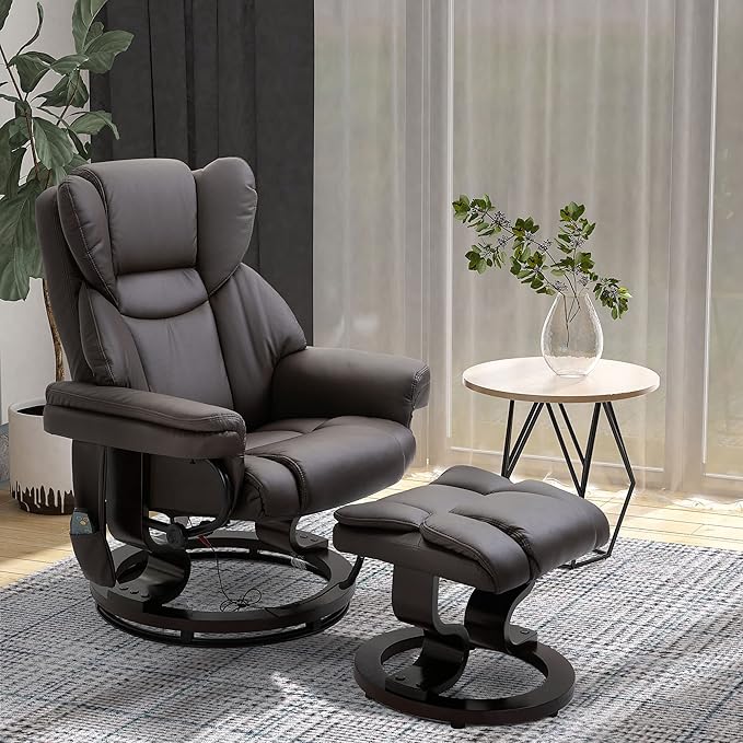 Massage Recliner Chair with Ottoman Footrest 10 Vibration Points 360° Swivel Reclining Chair Faux Leather Living Room Chair with Side Pocket and Remote Control