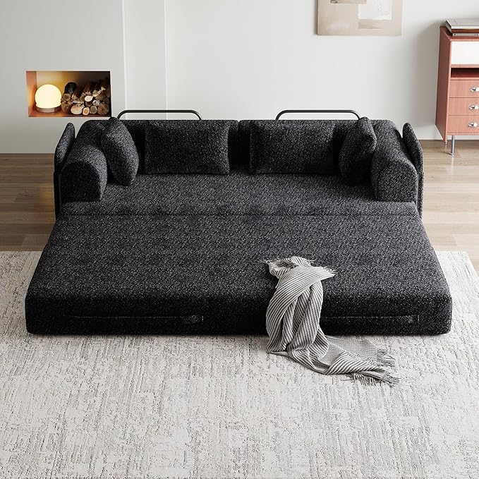 Convertible Floor Sofa Bed 79 Compression Sofa Foldable Sleeper Couch Bed Modular Sectional Couch Comfy Loveseat No Assembly Required for Living Room Guest Room Chenille Fabric Black