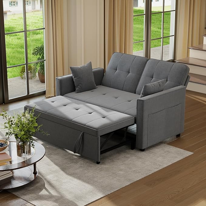 Pull Out Sofa Bed: 56 Grey 3 in 1 Convertible Sleeper Sofa Bed Velvet Loveseat Sleeper Couch with Storage Comfy Futon Couch Beds for Living Room | Velvet