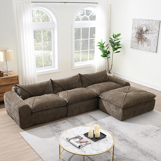 116 Modular Cloud Sectional Sofa with Movable OttomanCompressed Foam Boneless Couch Chenille FabricUpholstered Couches for Living Room BedroomNo Assembly RequiredCocoa Brown