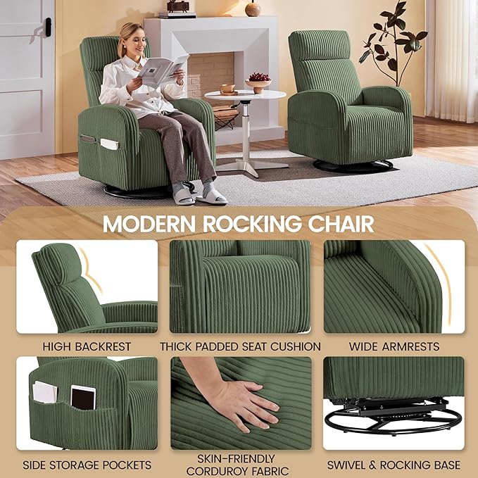 Yaheetech 360° Swivel Glider Chair for Nursery Rocking Chair Nursing Chair with Side Pockets Corduroy Glider for Living Room with High Back Dark Green